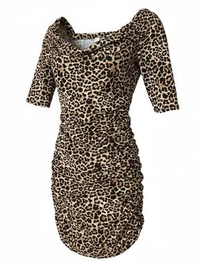 Leopard Print Cowl Neck Ruched Midi Dress - Tan/Black